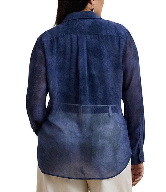 Lauren Ralph Lauren Plus Size Sheer Chiffon Cerulean Print Point Collar Long Sleeve Shirt Product Image