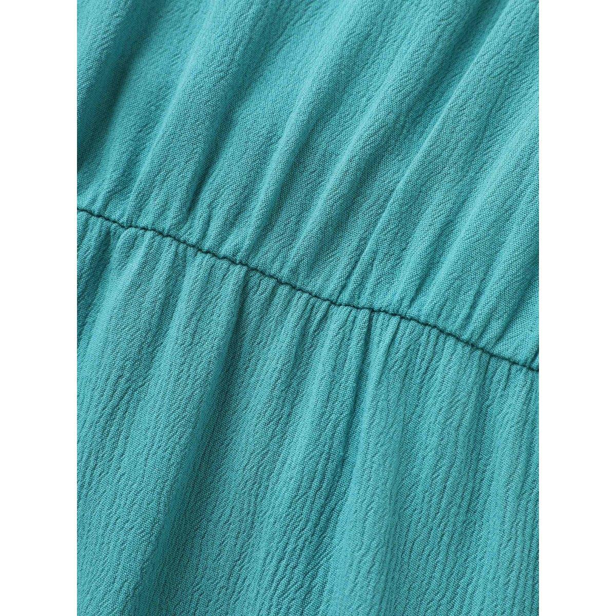 Plus Size Teal Rayon Button Detail Ruffle Sleeve Blouse Women Elegant Short sleeve V-neck Everyday Blouses BloomChic 12/L Product Image