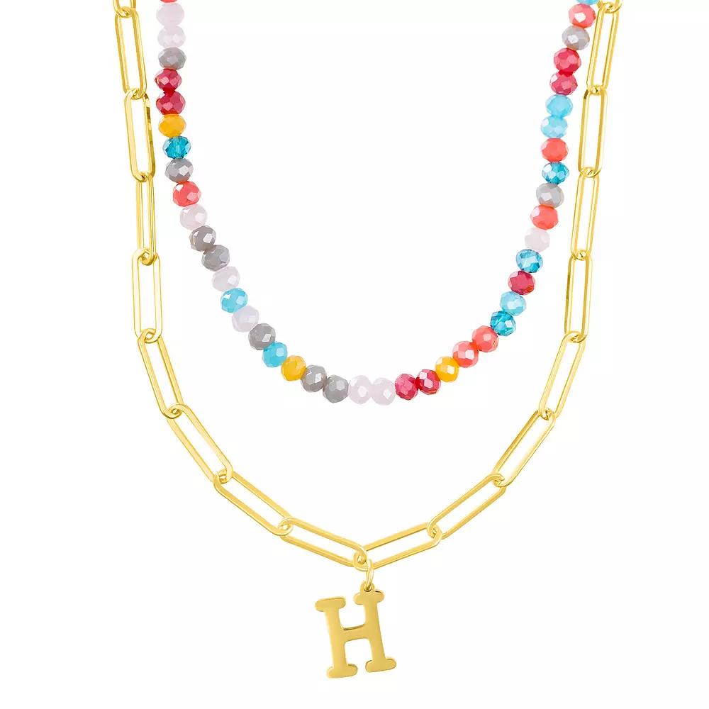 Adornia Gold Tone Adjustable Layered Color Simulated Stone Beads & Paperclip Chain Initial Necklace, Women's,  Product Image