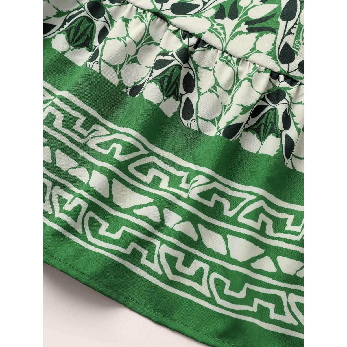 Plus Size Boho Print Ruffles Shirred Pocket Elastic Waist Dress Green Women Boho Non Notched collar Cap Sleeve Curvy Midi Dress BloomChic 12/L Product Image