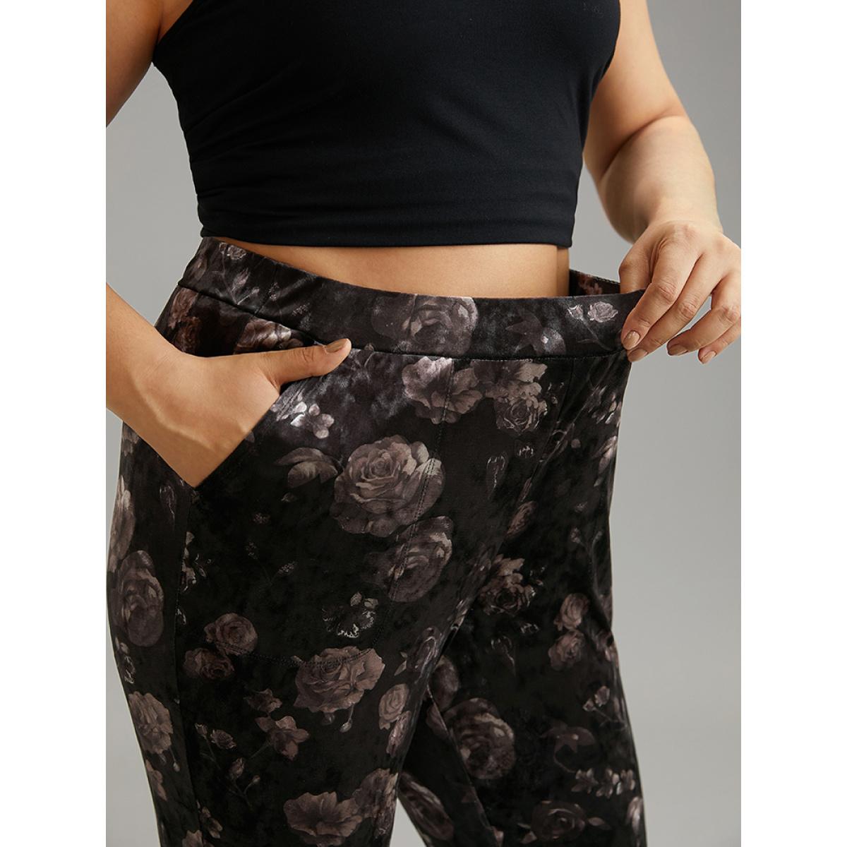 Plus Size Floral Texture Velvet Flare Leg Pants Women BlackFlower Elegant Flare Leg High Rise Dailywear Pants BloomChic 18-20/2X Product Image