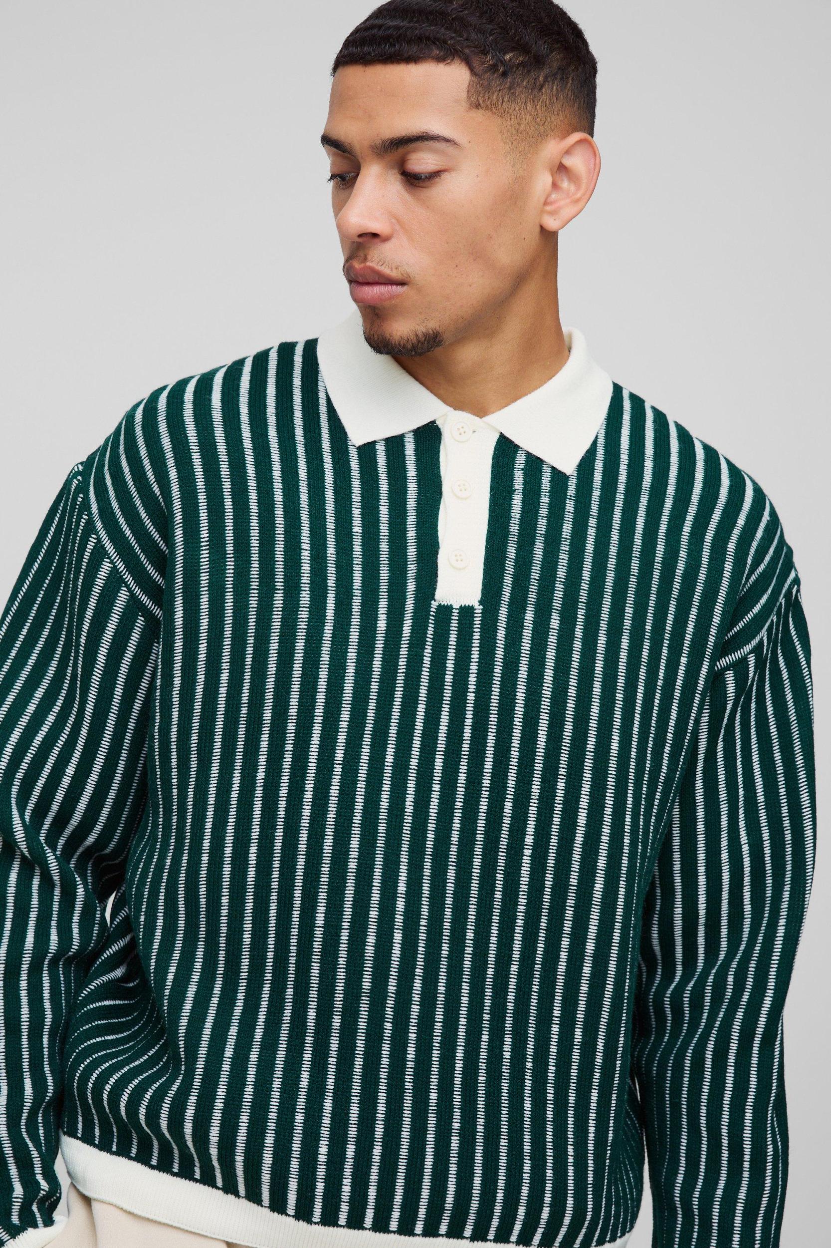 Oversized Boxy Striped Knitted Polo | boohooMAN USA Product Image