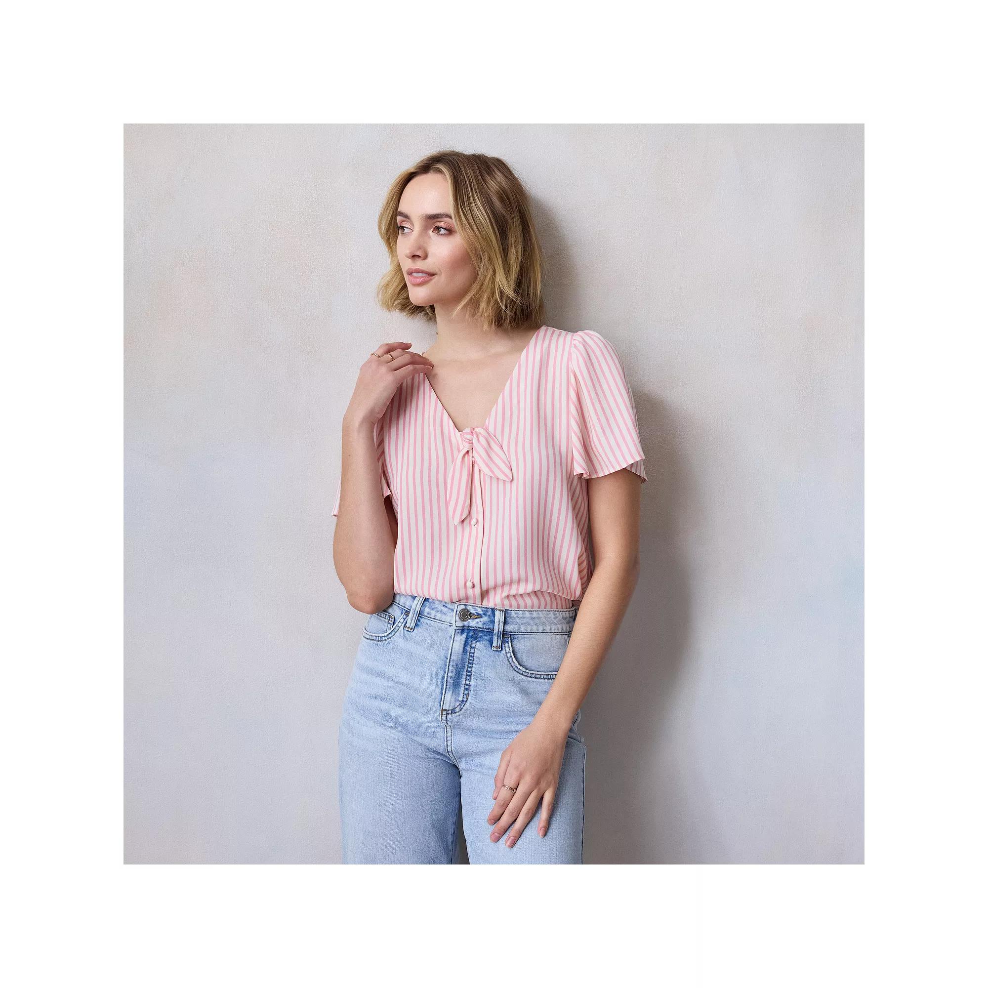 Women's LC Lauren Conrad Tie Front Flutter Sleeve Woven Top, Size: XXL, Pink Picnic Stripe Product Image