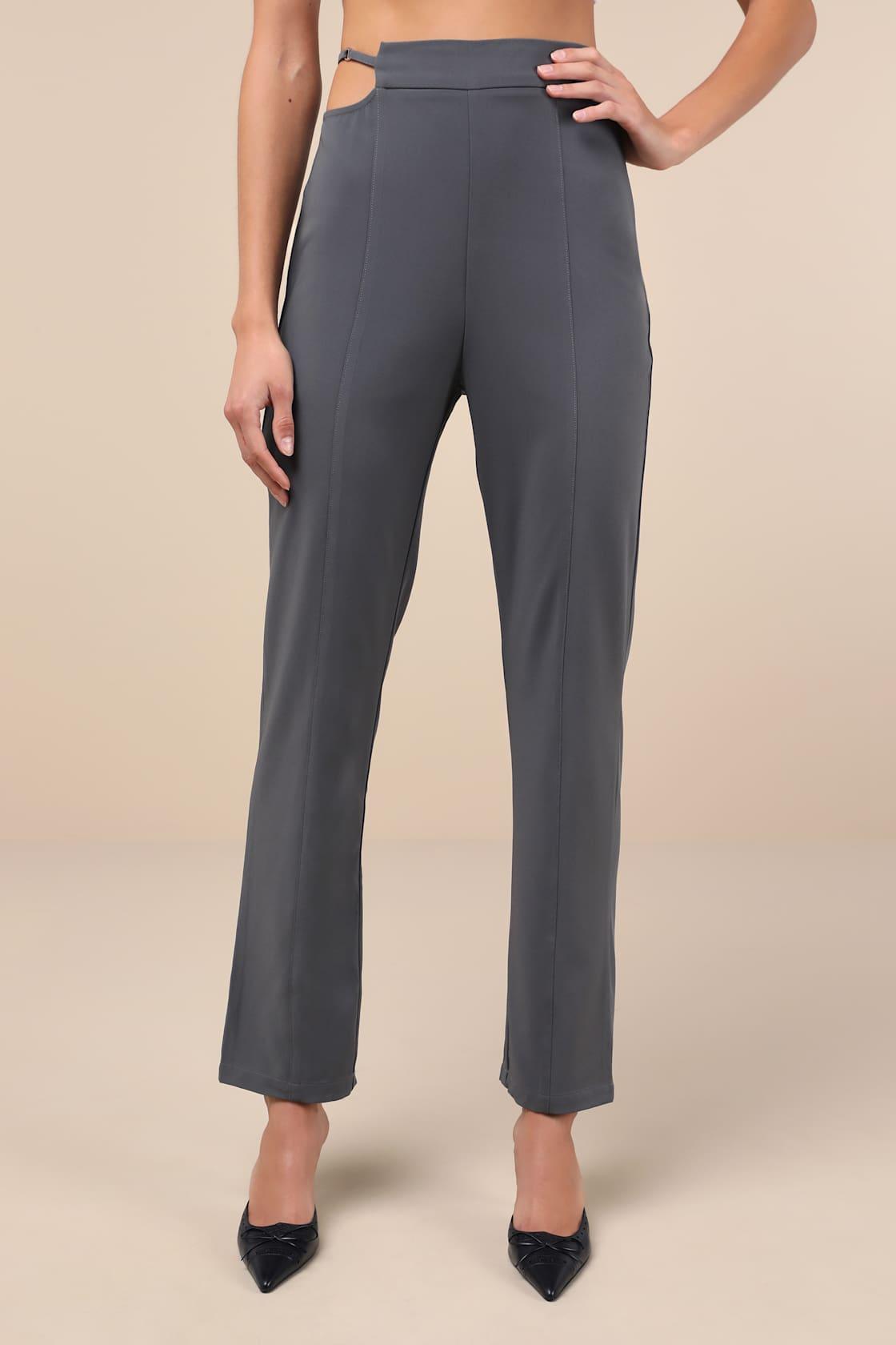 Polished Aura Dark Grey Cutout High-Rise Trousers Product Image