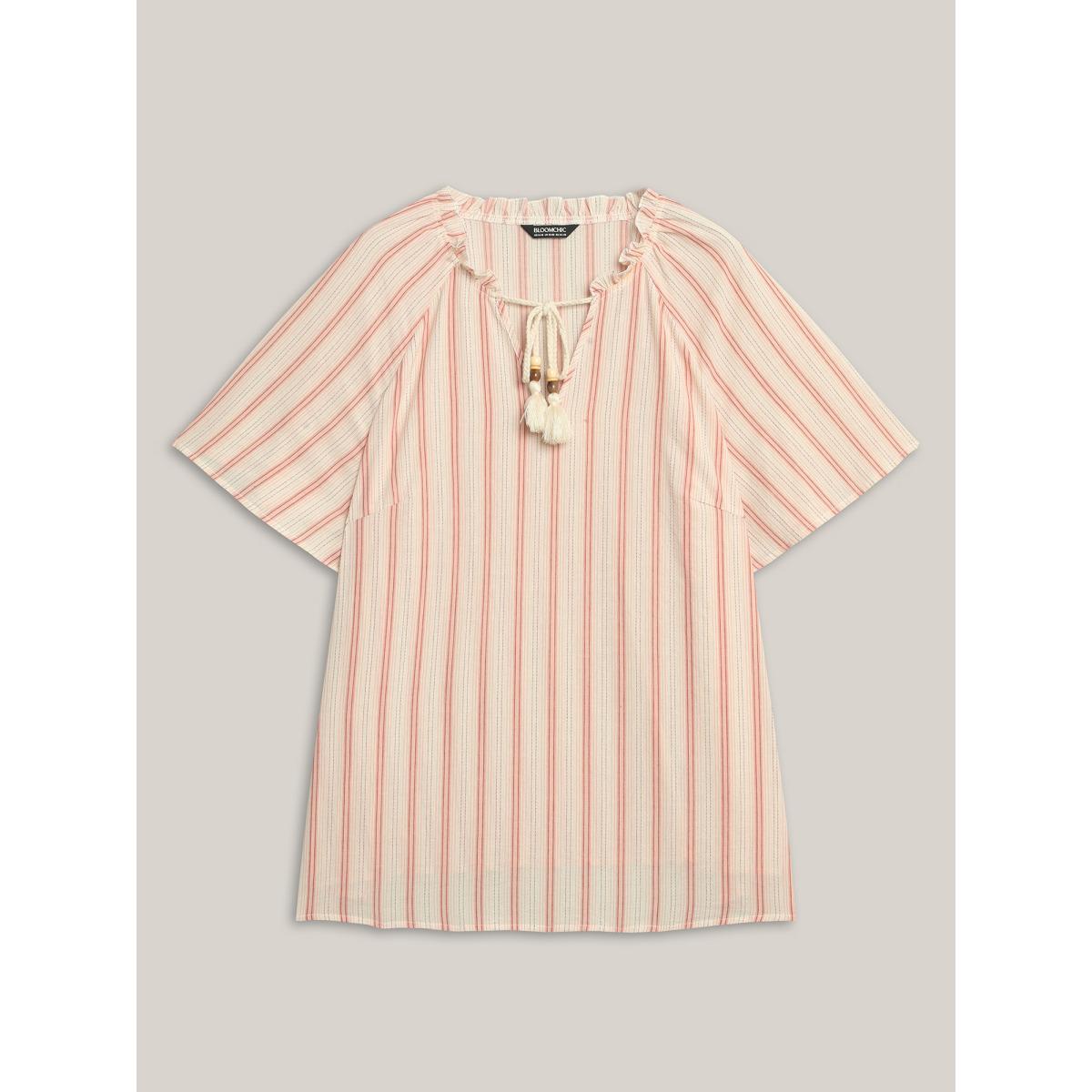 Plus Size Salmon Cotton Stripes Print Neck Tassels Flowy Blouse Women Short sleeve Notched collar Vacation Blouses BloomChic 22-24/3X Product Image