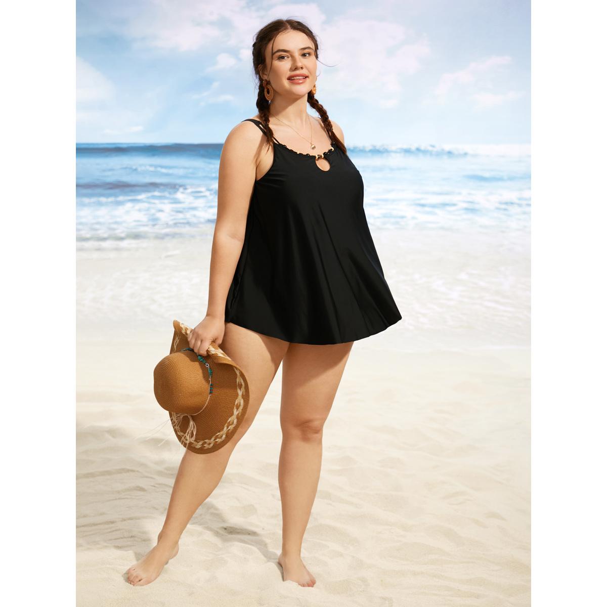 Plus Size Solid Keyhole Adjustable Straps Swim Top Women's Swimwear Moss Resort Cut-Out High stretch Bodycon Heart neckline Curve Swim Tops BloomChic 28/5X Product Image