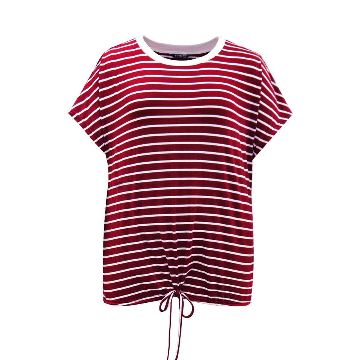 Plus Size Striped Drawstring Batwing Sleeve T-shirt Burgundy Women Casual Contrast Striped Round Neck Dailywear T-shirts BloomChic 10/M Product Image