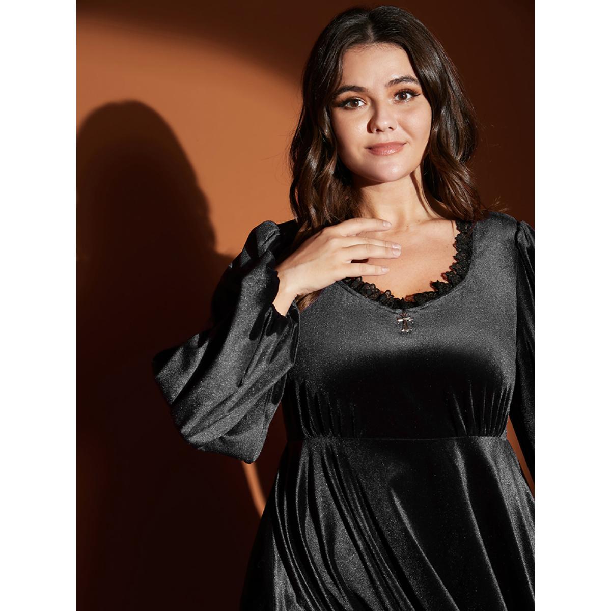 Solid Party High Waist Vintage Plus Size Women Knee Dress Going out Plain Pocket Moderately Stretchy Lantern Sleeve Long Sleeve V Neck Glamour Dresses BloomChic Product Image