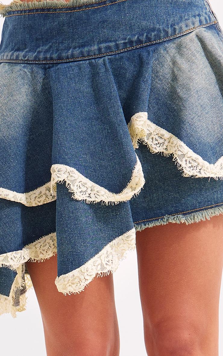 Mid Blue Wash Lace Trim Freyed Edge Denim Skater Skirt Product Image