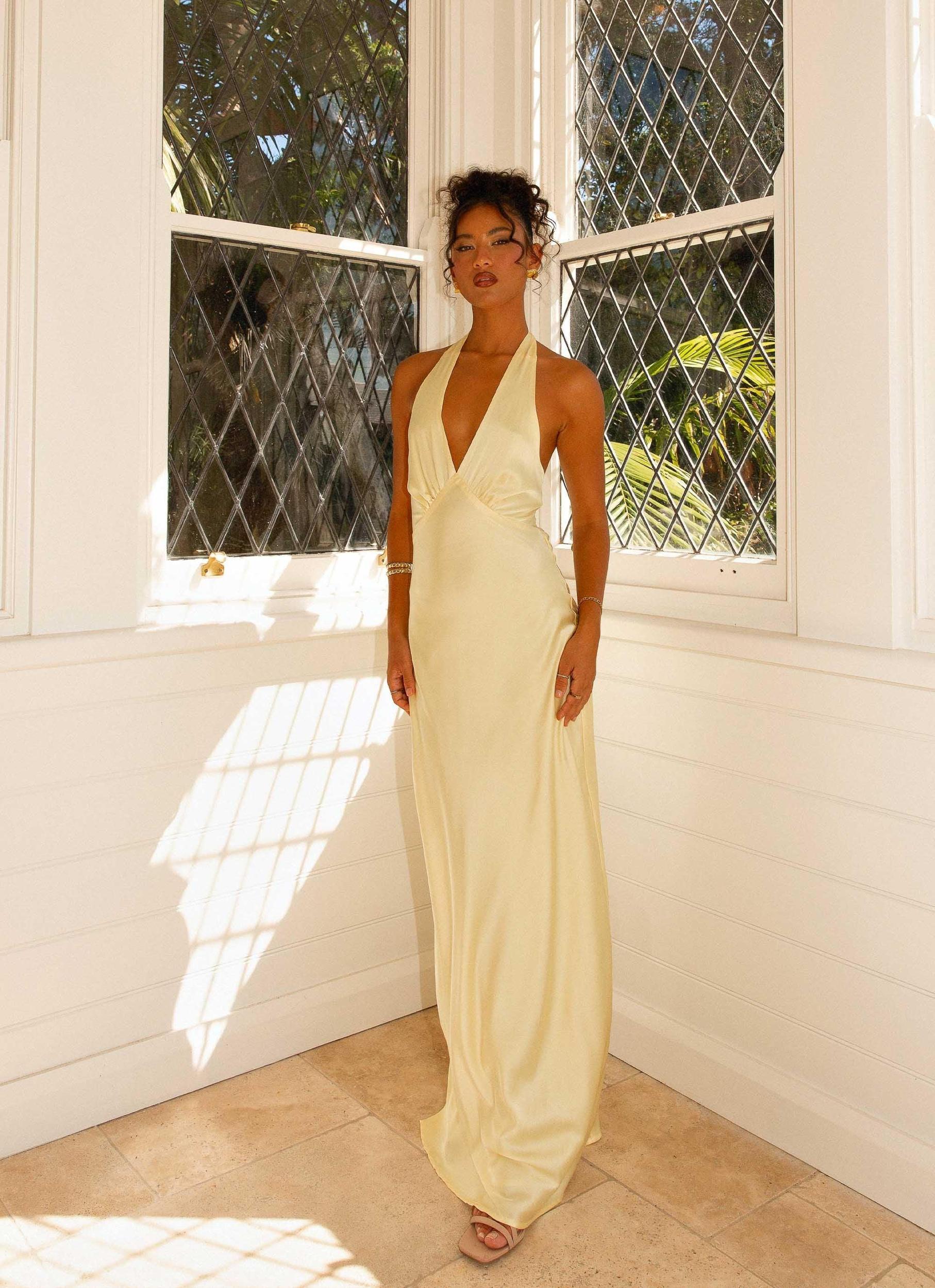 Heavy Hearted Satin Maxi Dress - Lemon Product Image