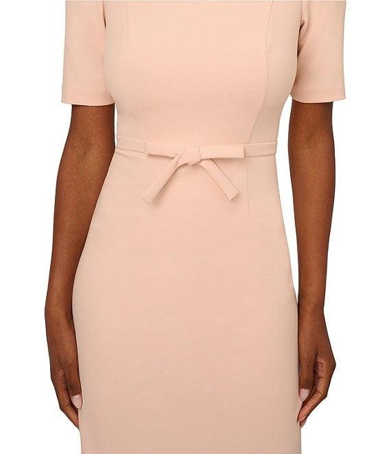 Adrianna Papell Crew Neck Short Sleeve Bow Front Crepe Sheath Dress Product Image