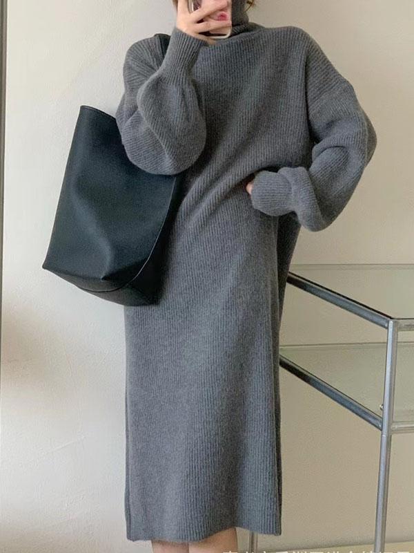 Long Sleeves Loose Solid Color High Neck Midi Dresses Sweater Dresses Product Image