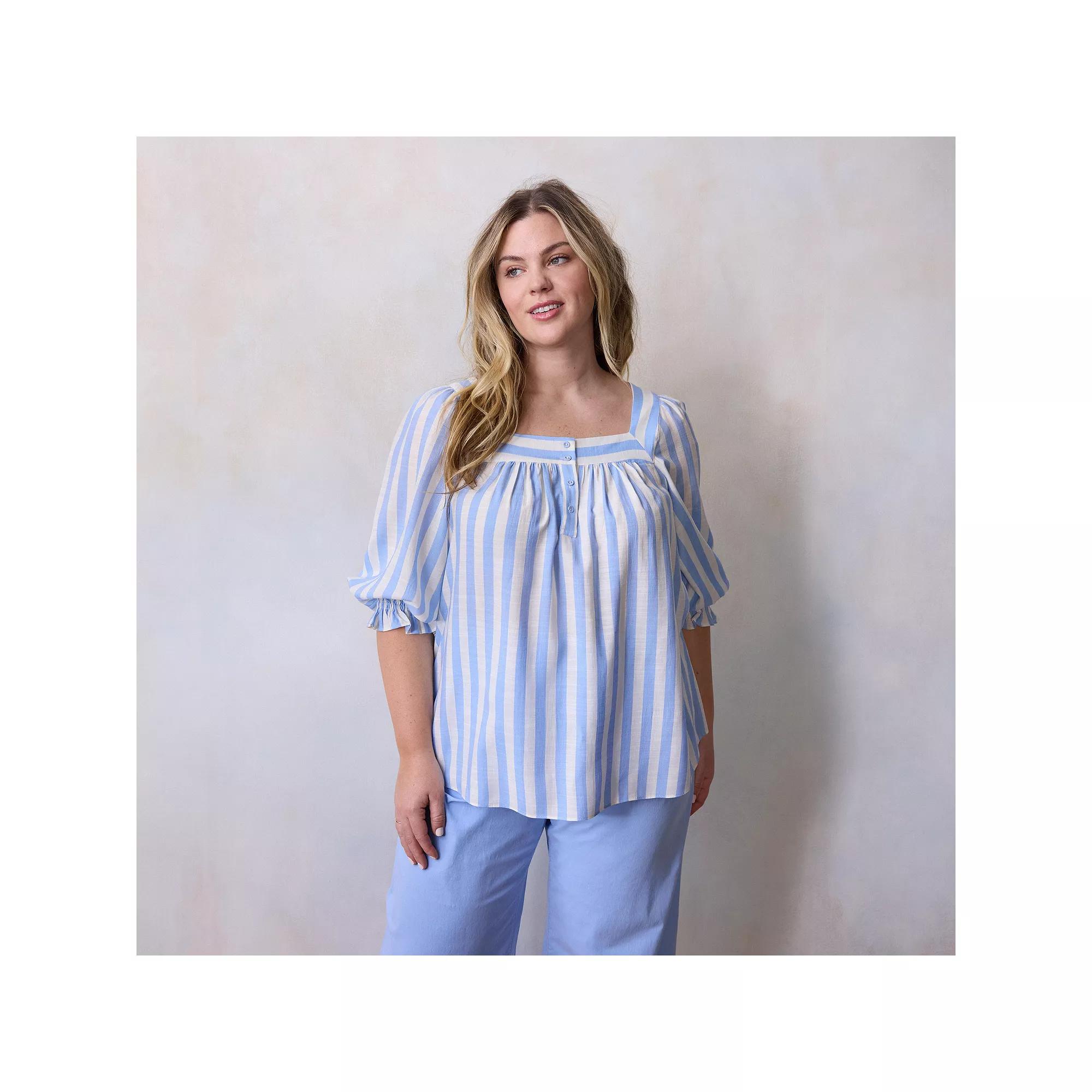 Plus Size LC Lauren Conrad Henley Square Neck Peasant Top, Women's, Size: 2XL, Chandail Stripe Product Image
