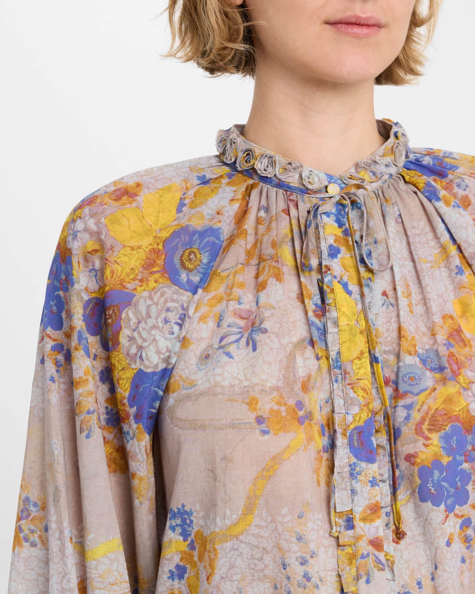 Janice Ruffled Tie-Neck Floral Cotton Blouse Product Image