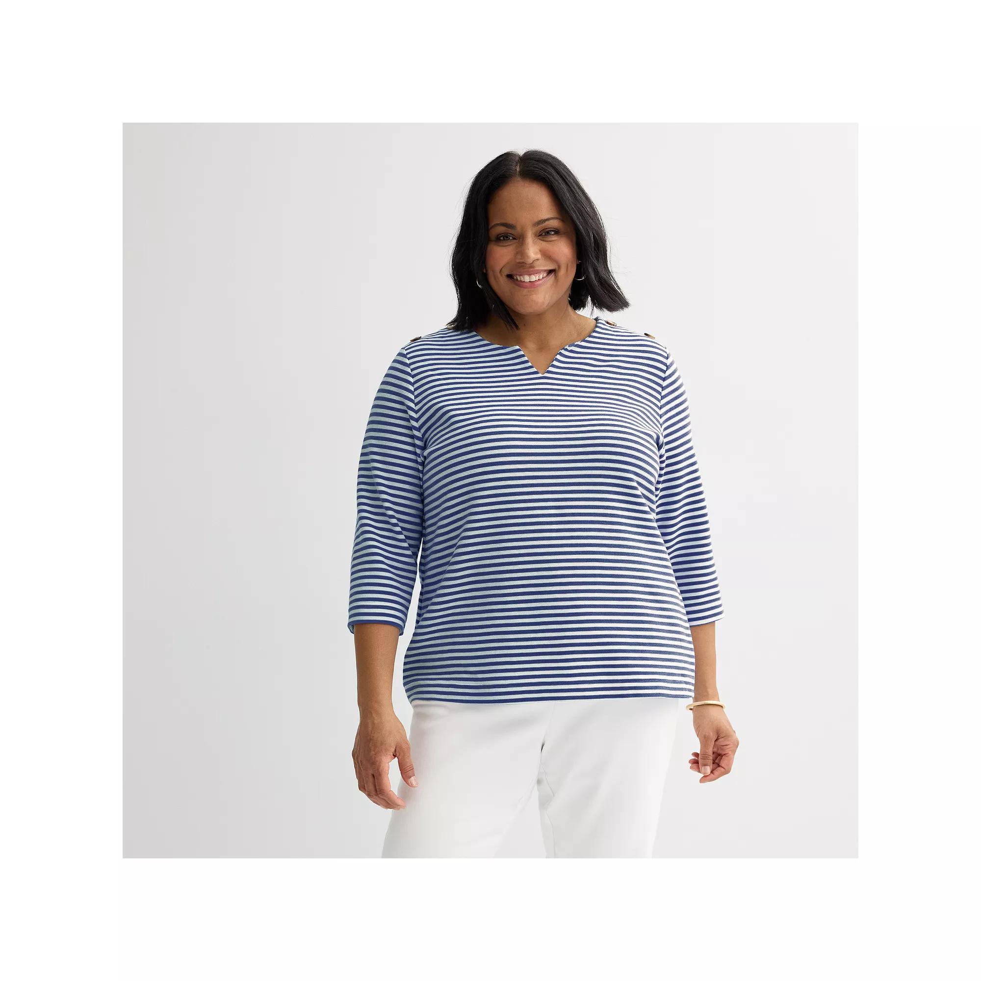 Plus Size Croft & Barrow® Button Shoulder Split Neck Top, Women's, Size: 1XL, Blue Stripe Product Image