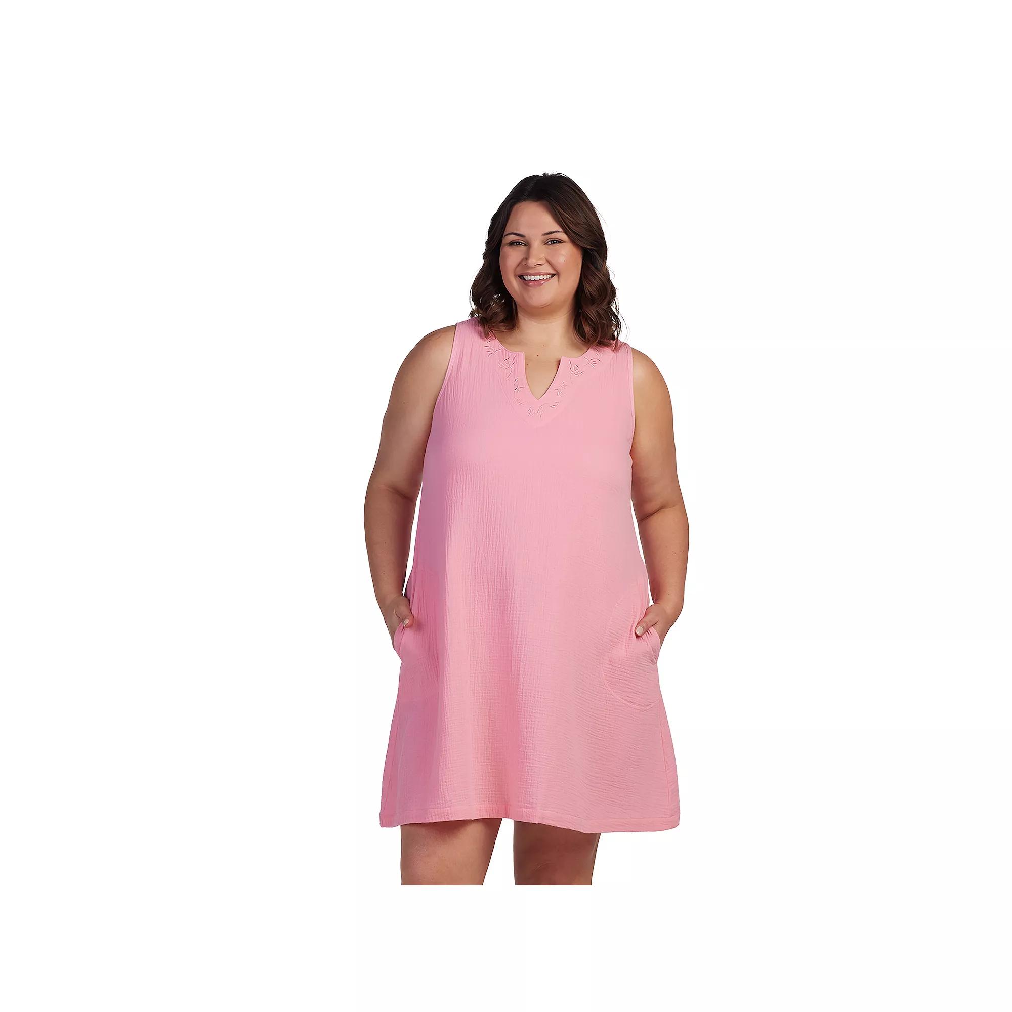 Plus Size Miss Elaine Essentials Crinkle Gauze Sleeveless Notch Neck Short Nightgown, Women's, Size: 1XL, Pink Product Image