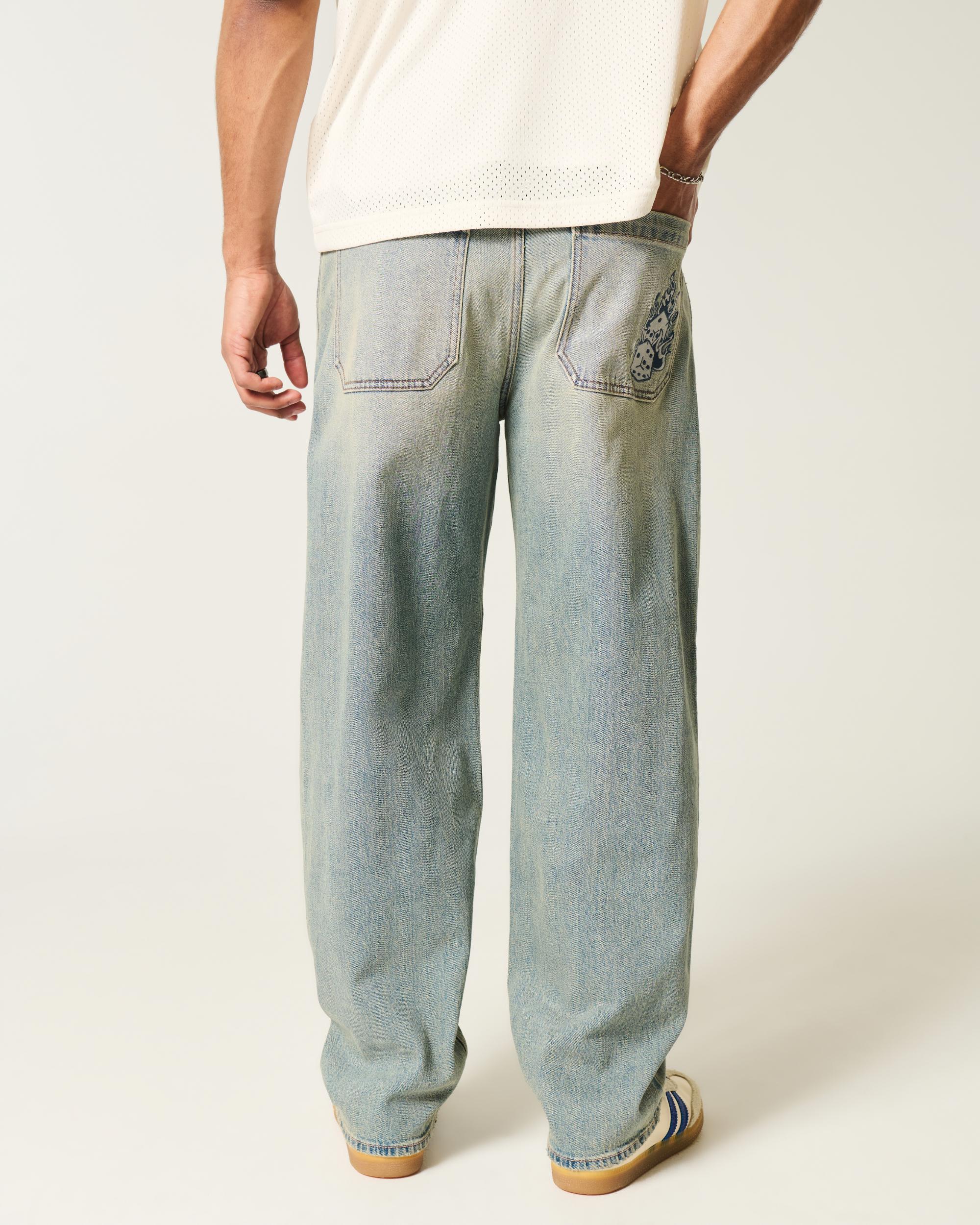 Light Wash Embroidered Dice Skater Baggy Jeans Product Image