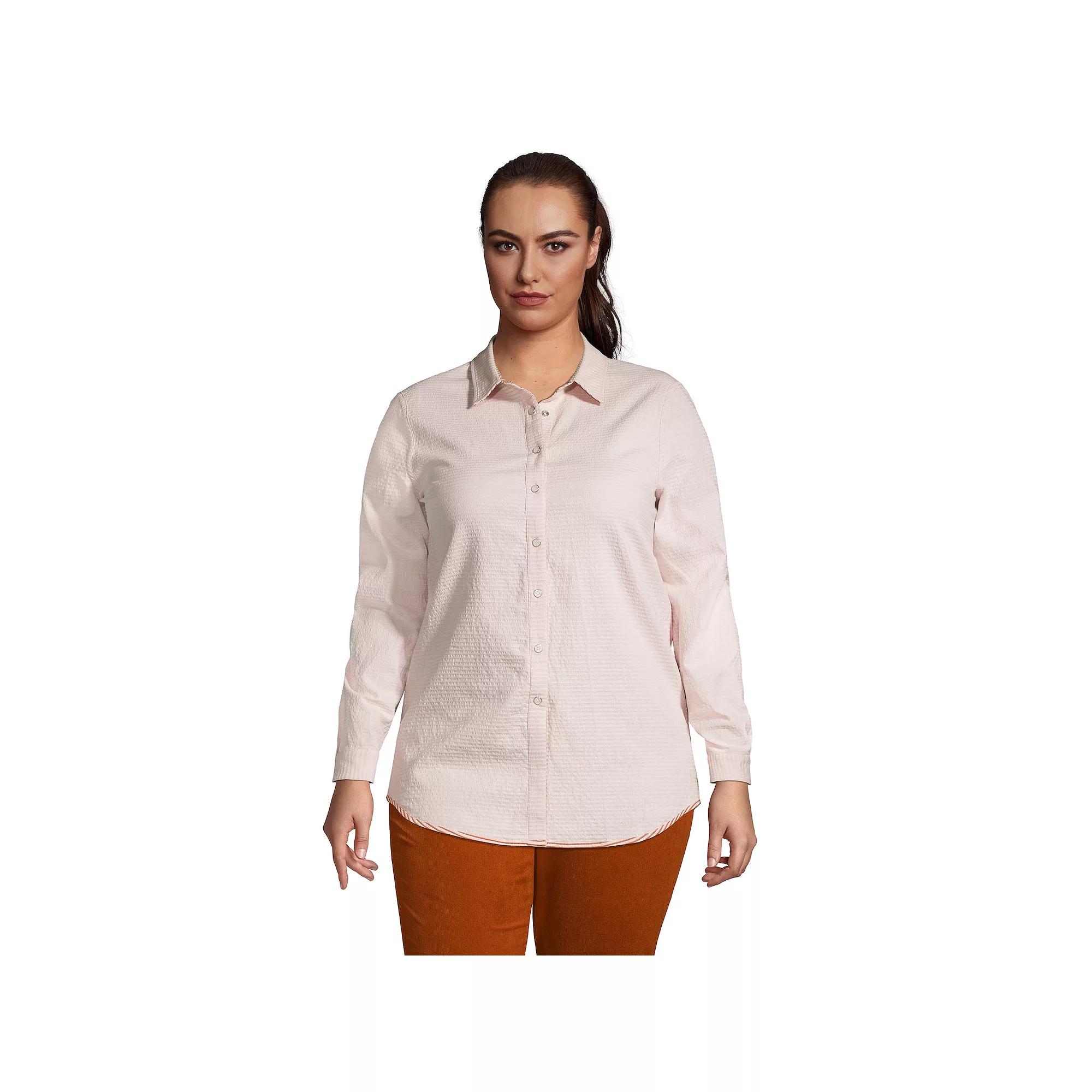 Plus Size Lands' End Reversible Boyfriend Fit Long Sleeve Tunic Top, Women's, Size: 1XL, Soft Tea Pink Stripe Product Image