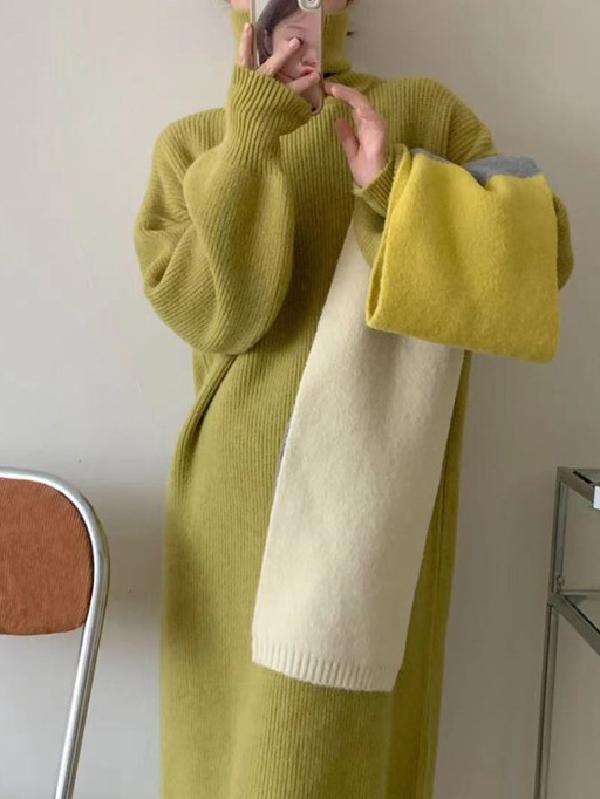 Long Sleeves Loose Solid Color High Neck Midi Dresses Sweater Dresses Product Image
