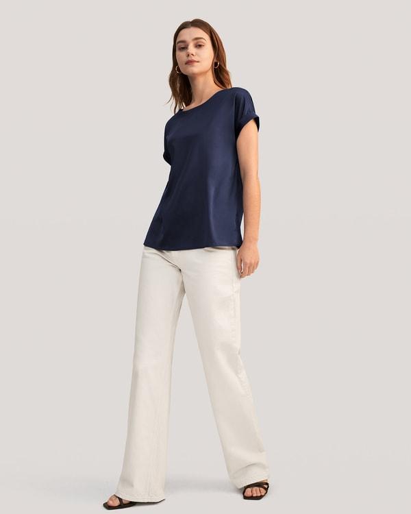 LILYSILK Women Silk Tee Shirts Black Quality Stretchy Silk Soft Classic Round Neck Rolled Cuffs Silk Top XS Product Image