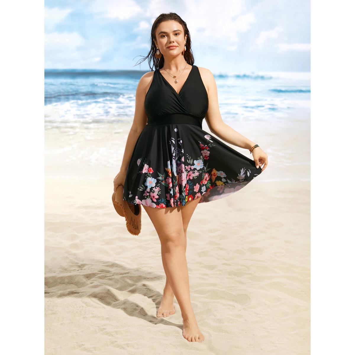Plus Size Overlap Collar Natural Flowers Gathered Swim Dress Women's Swimwear Black Beach Bodycon Overlap Collar High stretch Curve Swim Dresses BloomChic 12/L Product Image