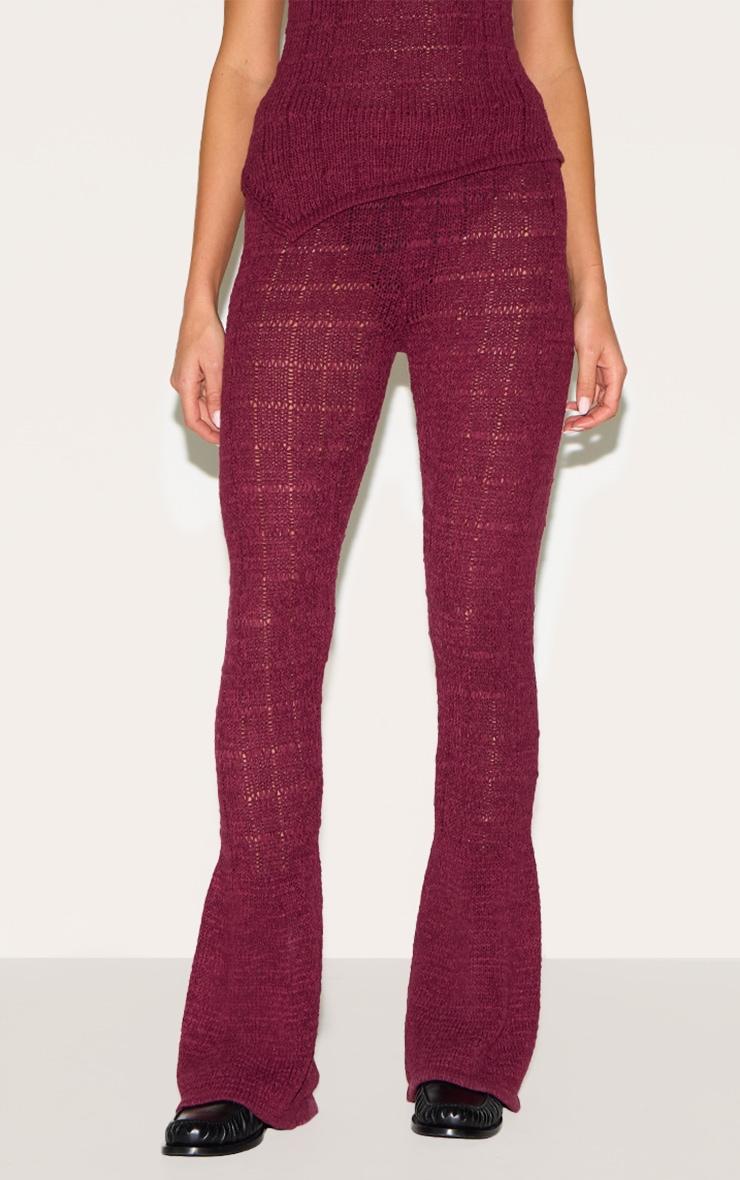 Wine Textured Filigree Knit Wide Leg Pants Product Image