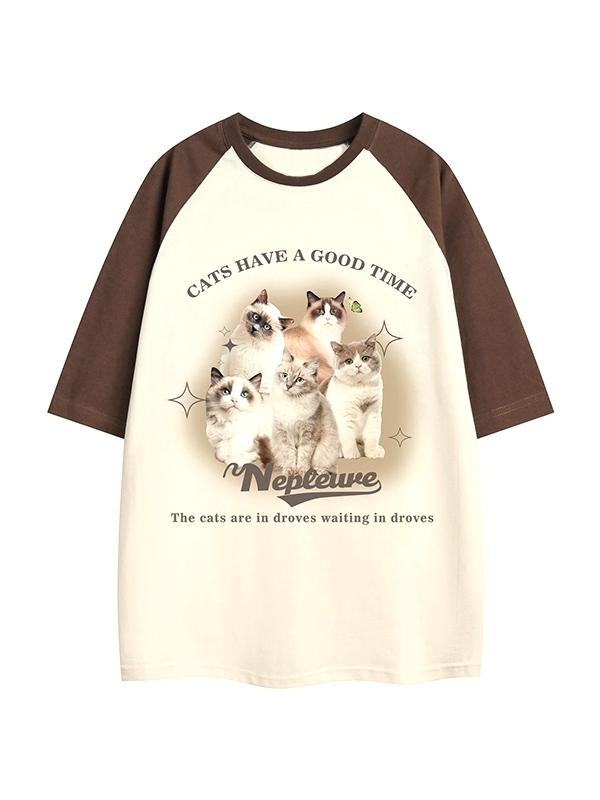 Vintage Cat Print Raglan Oversized Short Sleeve Tee Product Image