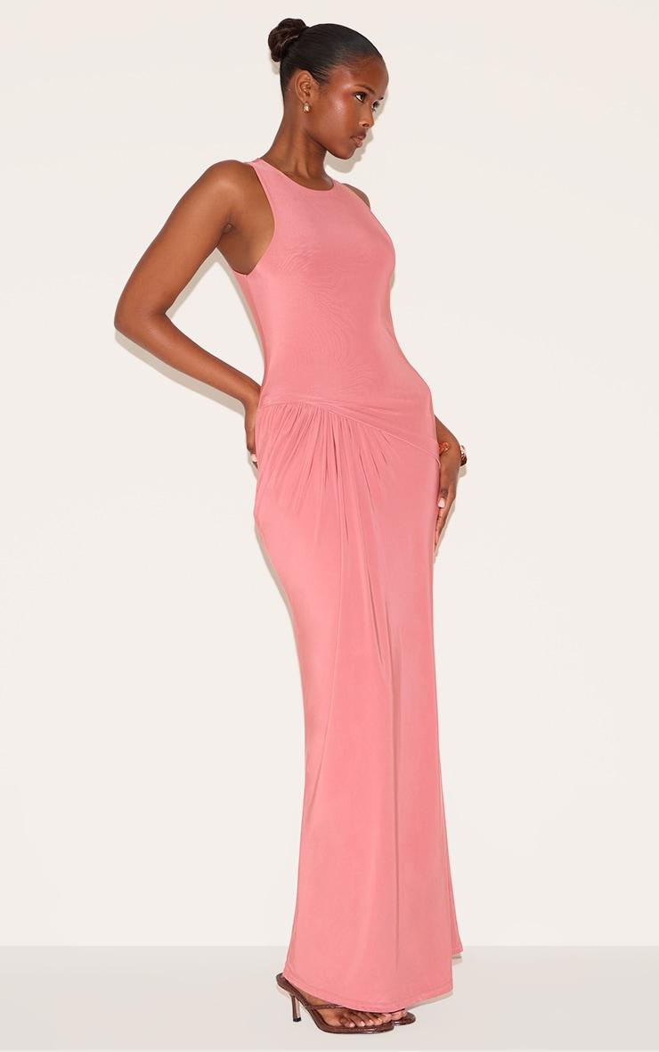 Blush Rose Double Layer Slinky Drop Waist Ruched Maxi Dress Product Image