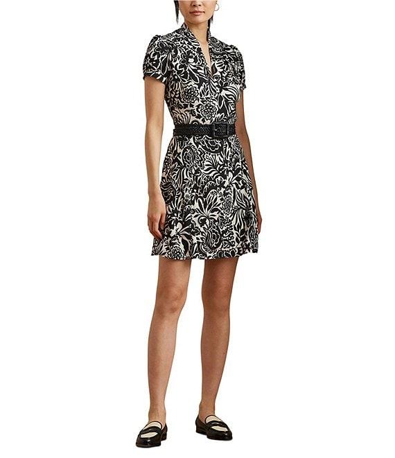 Lauren Ralph Lauren Petite Size Smooth Crepe de Chine Embroidered Floral Deep V-Neck Short Sleeve Empire Waist Dress Product Image