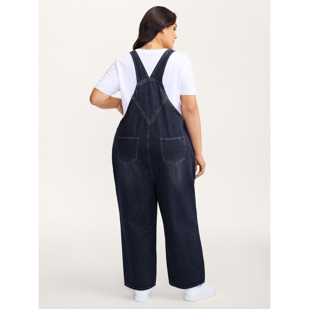 Plus Size Cotton Relaxed-Fit Side Button Overall Denim Jumpsuit Midnight Women No stretch Casual Slanted pocket Leisure Denim Jumpsuits BloomChic 28/5X Product Image