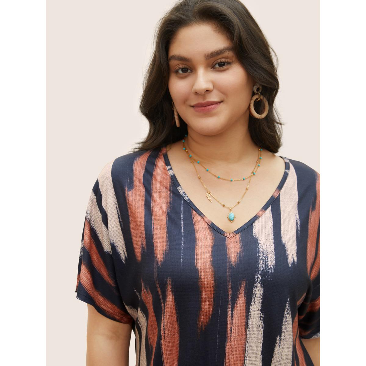 Plus Size Striped Contrast Dolman Sleeve V Neck T-shirt Midnight Women Casual Striped V-neck Everyday T-shirts BloomChic 22-24/3X Product Image