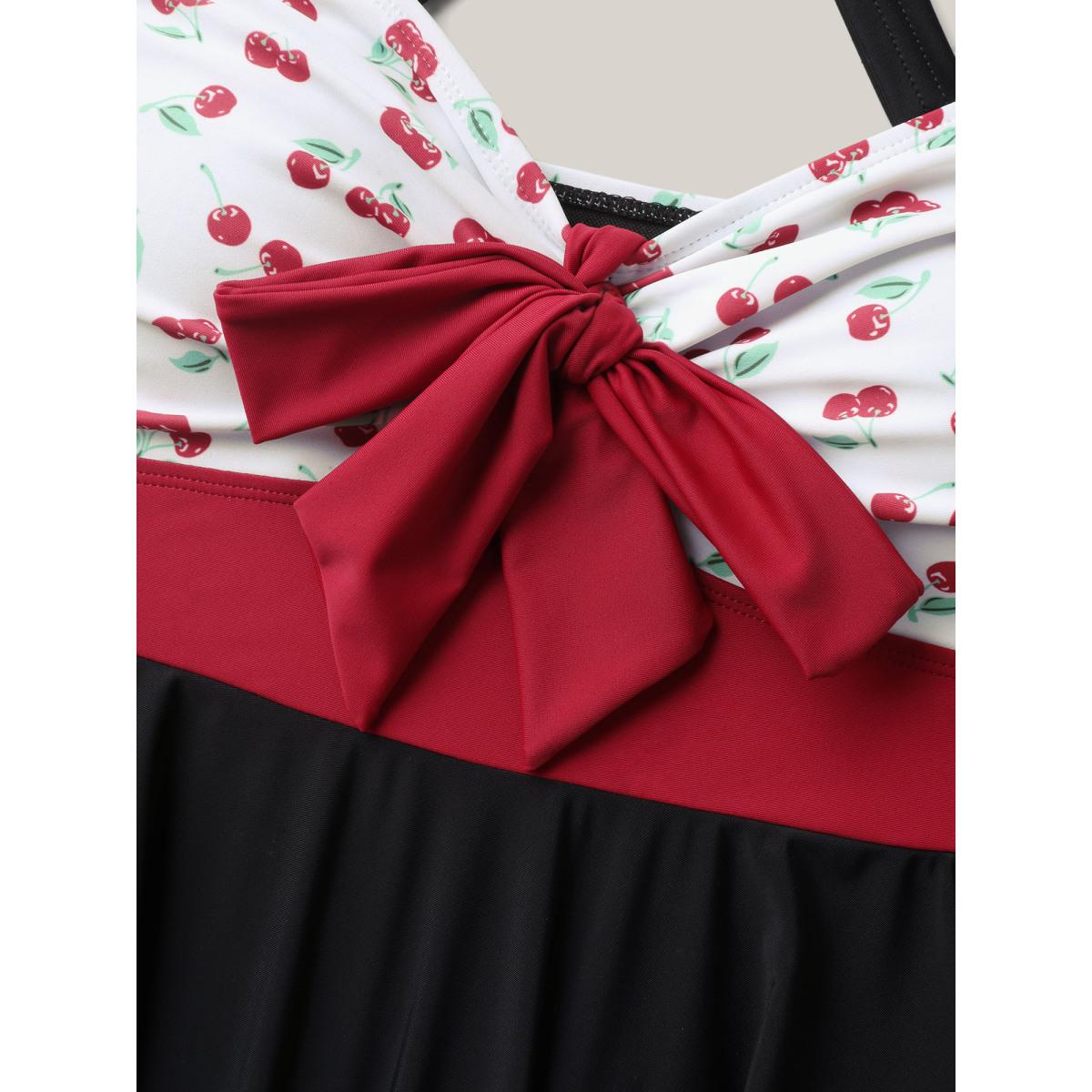 Plus Size Cherry Knotted Bodice Color Block Swim Dress Women's Swimwear Black Beach Bodycon Heart neckline High stretch Curve Swim Dresses BloomChic 10/M Product Image