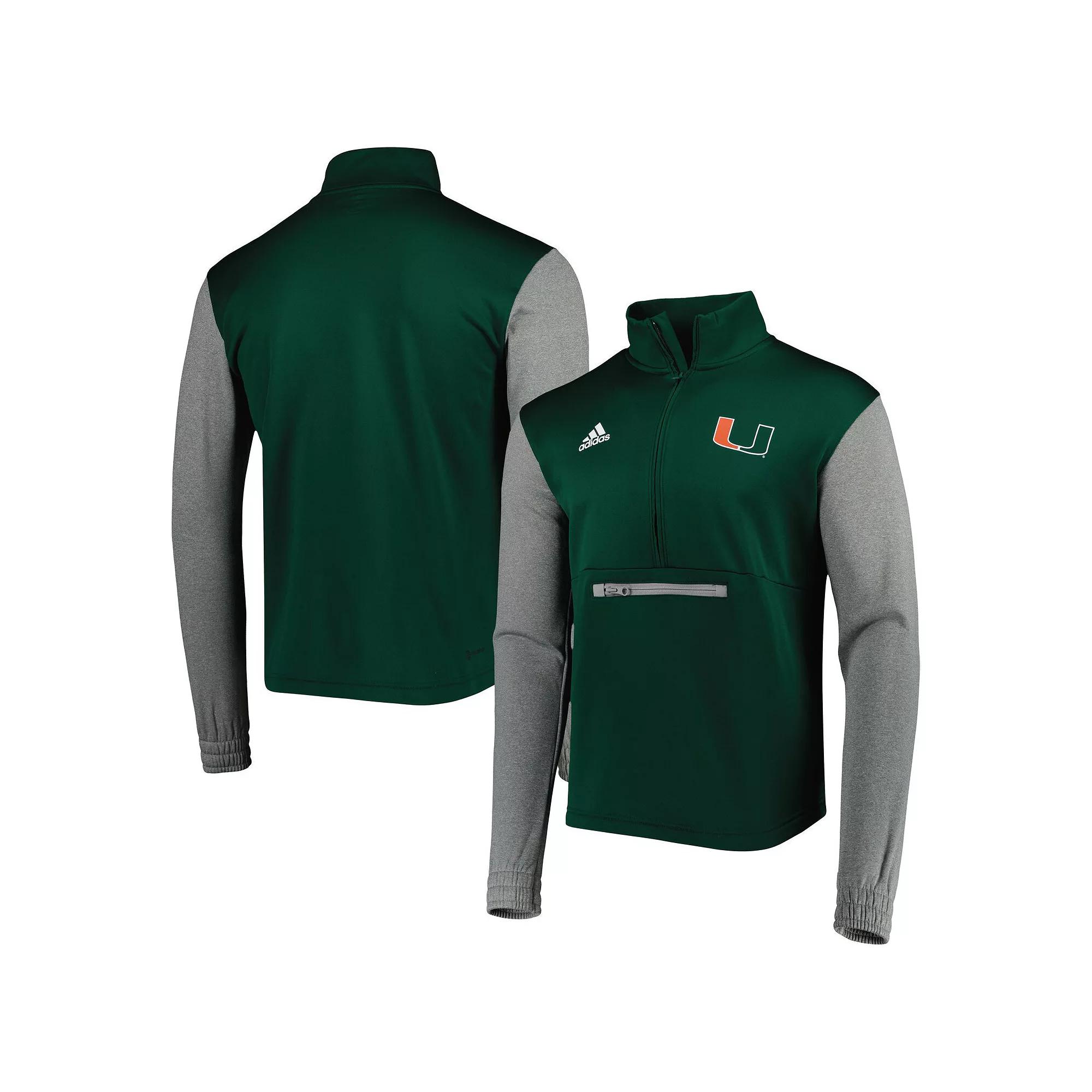Men's adidas Green/Heathered Gray Miami Hurricanes Team AEROREADY Half-Zip Top,  Product Image