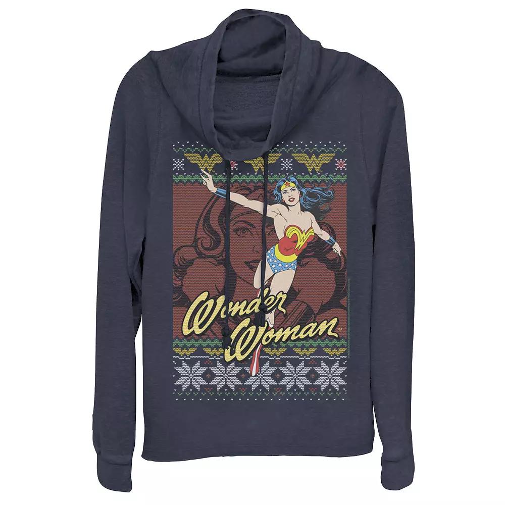Juniors' DC Comics Wonder Woman Action Pose Christmas Cowlneck Graphic Lightweight Long Sleeve, Girl's,  Product Image