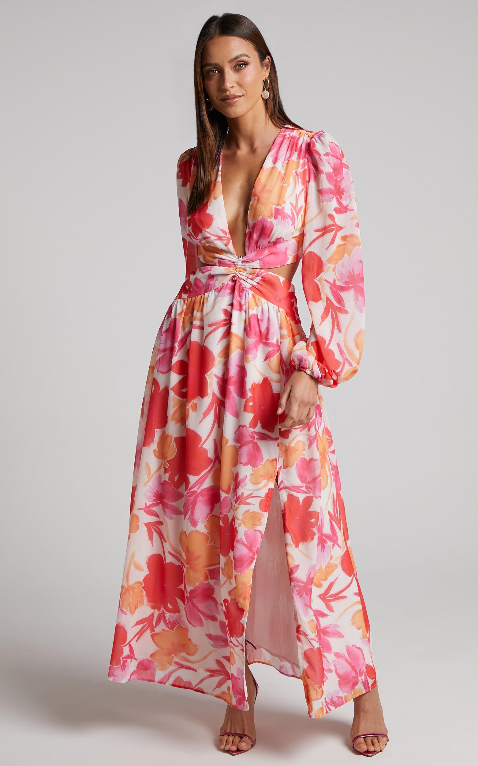 Emilee Midi Dress - Side Cut Out Long Sleeve Plunge Dress in Pink Floral Product Image