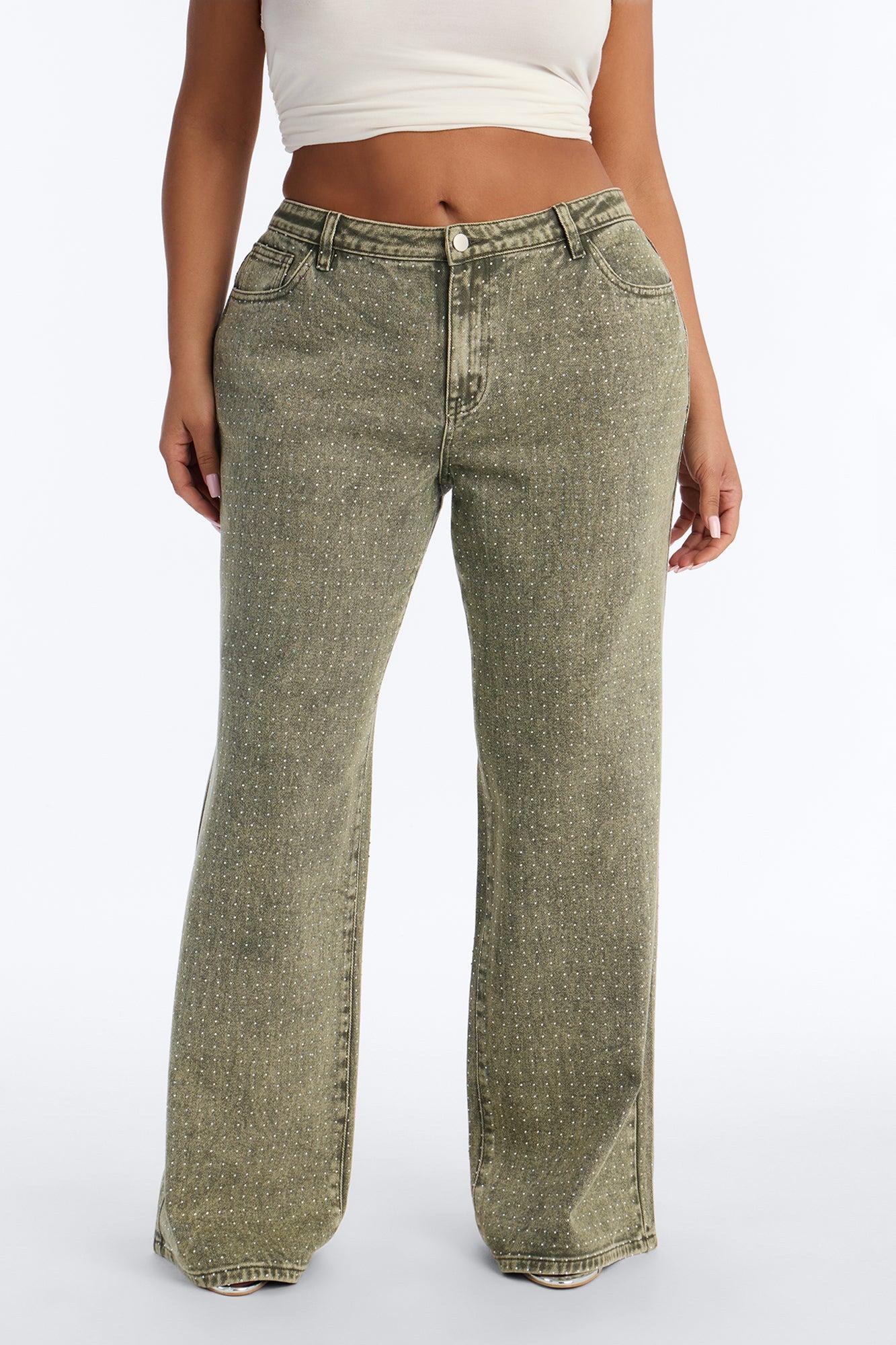 Dazzling Days Low Rise Washed Embellished Pant - Olive Female Product Image