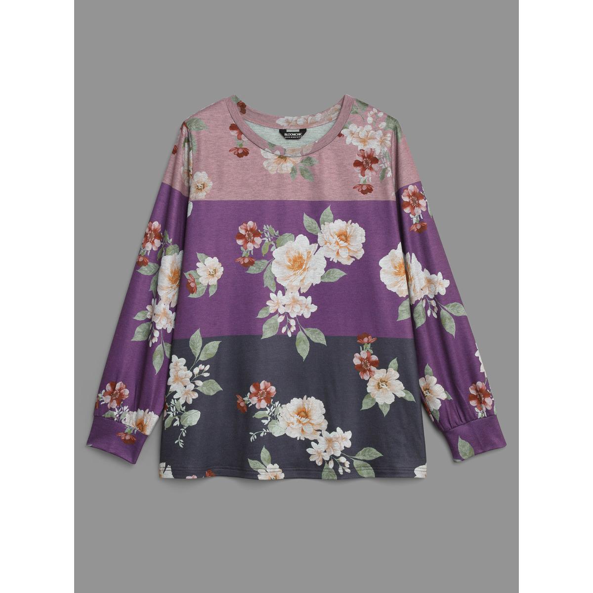 Plus Size Natural Flowers Contrast Round Neck Sweatshirt Women Multicolor Casual Contrast Loose Round Neck Everyday Sweatshirts BloomChic 22-24/3X Product Image