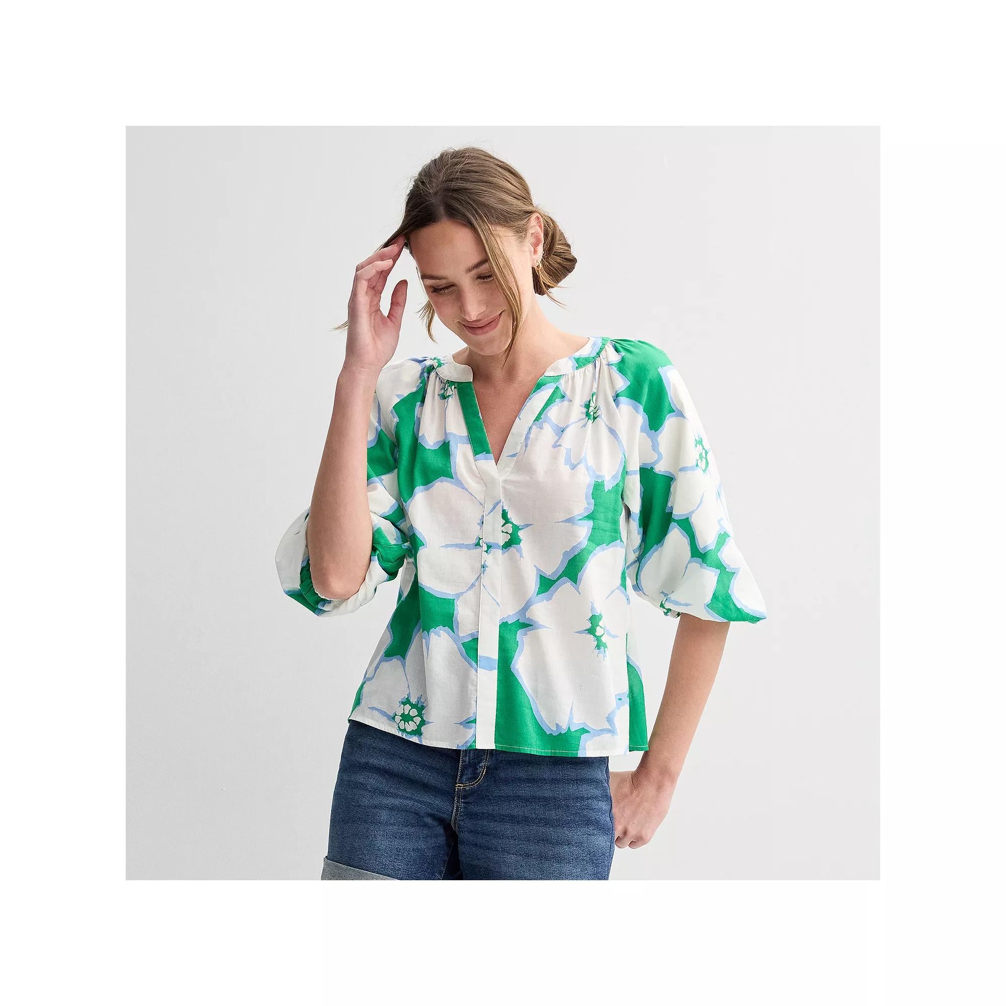 Women's Sonoma Goods For Life® Shirred Balloon Sleeve Y-Neck Top, Size: Medium, Green Brush Floral Product Image