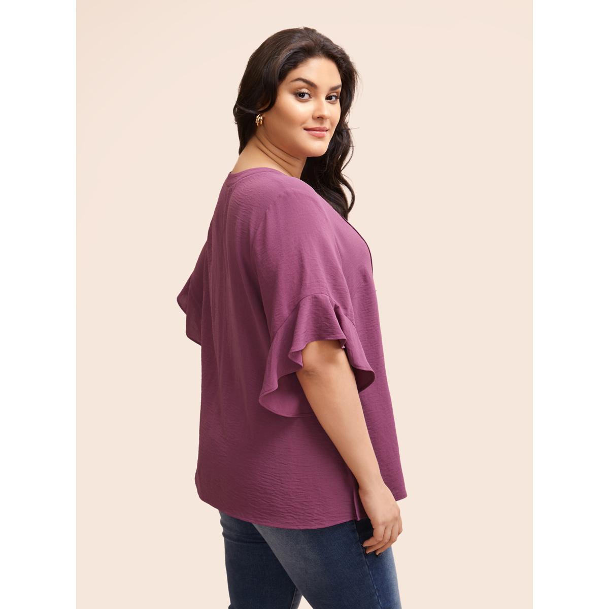 Plus Size Mauve Notched Pleated Ruffles Split Hem Blouse Women Elegant Half Sleeve Flat collar with V-notch Everyday Blouses BloomChic 26/4X Product Image