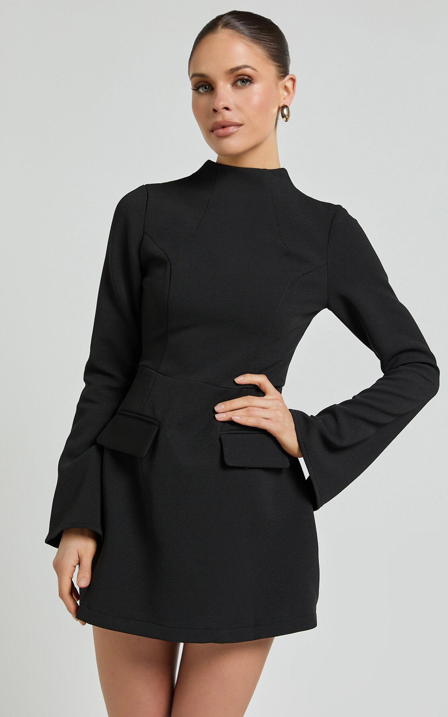 Carlson Mini Dress - High Neck Sleeve Cocoon Skirt Dress in Black Product Image