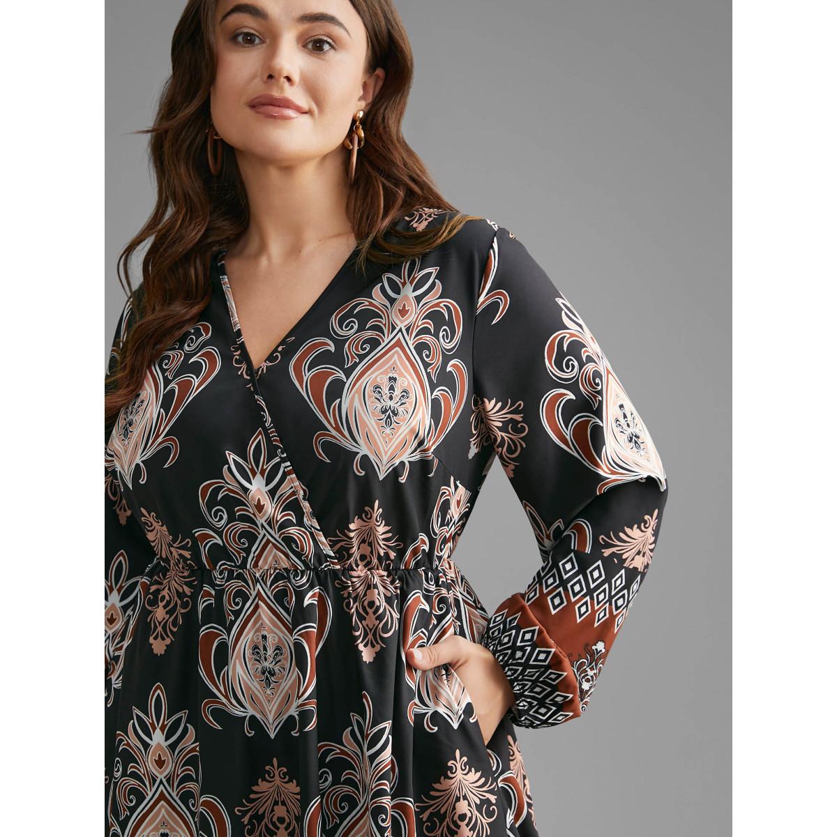 Plus Size Bandana Overlap Collar Elastic Waist Dress Black Women Resort Non Overlap Collar Long Sleeve Curvy BloomChic 30/6X Product Image