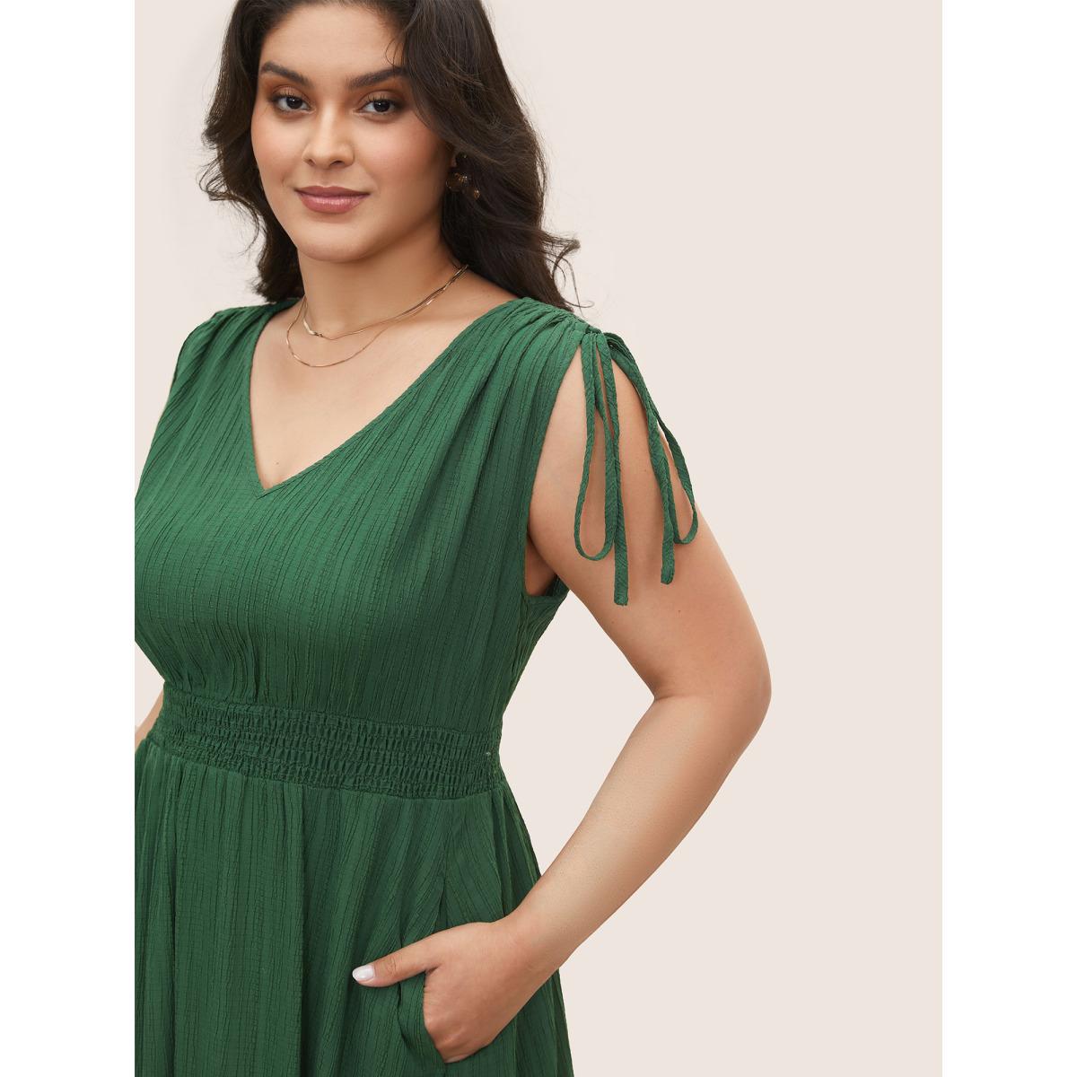 Plus Size Solid Texture Shirred Drawstring sleeve Dress DarkGreen Women Elegant Texture V-neck Cap Sleeve Curvy Midi Dress BloomChic 14-16/1X Product Image