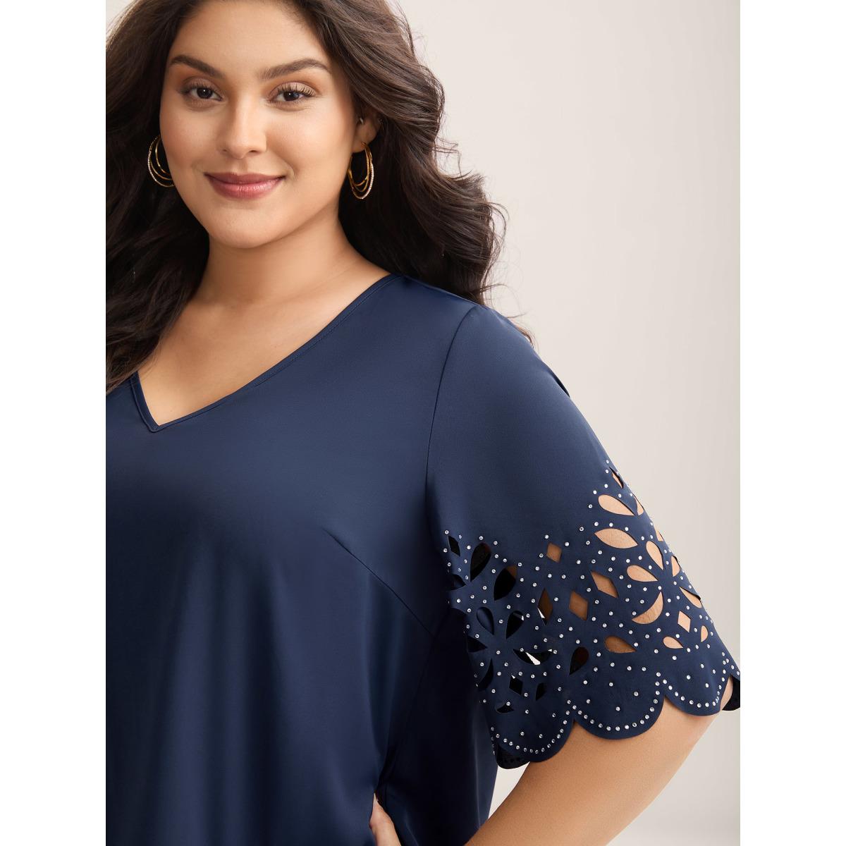 Plus Size DarkBlue Floral Cut-Out Sequin Solid Blouse Women Timeless Elbow-length sleeve V-neck Elegant Blouses BloomChic 22-24/3X Product Image