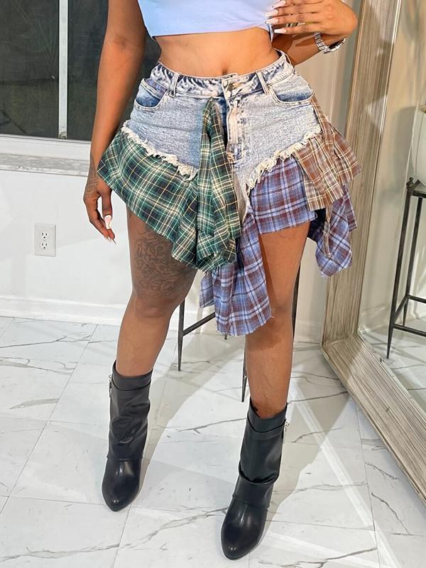 Irregular Paid Patchwork Denim Skirt Product Image