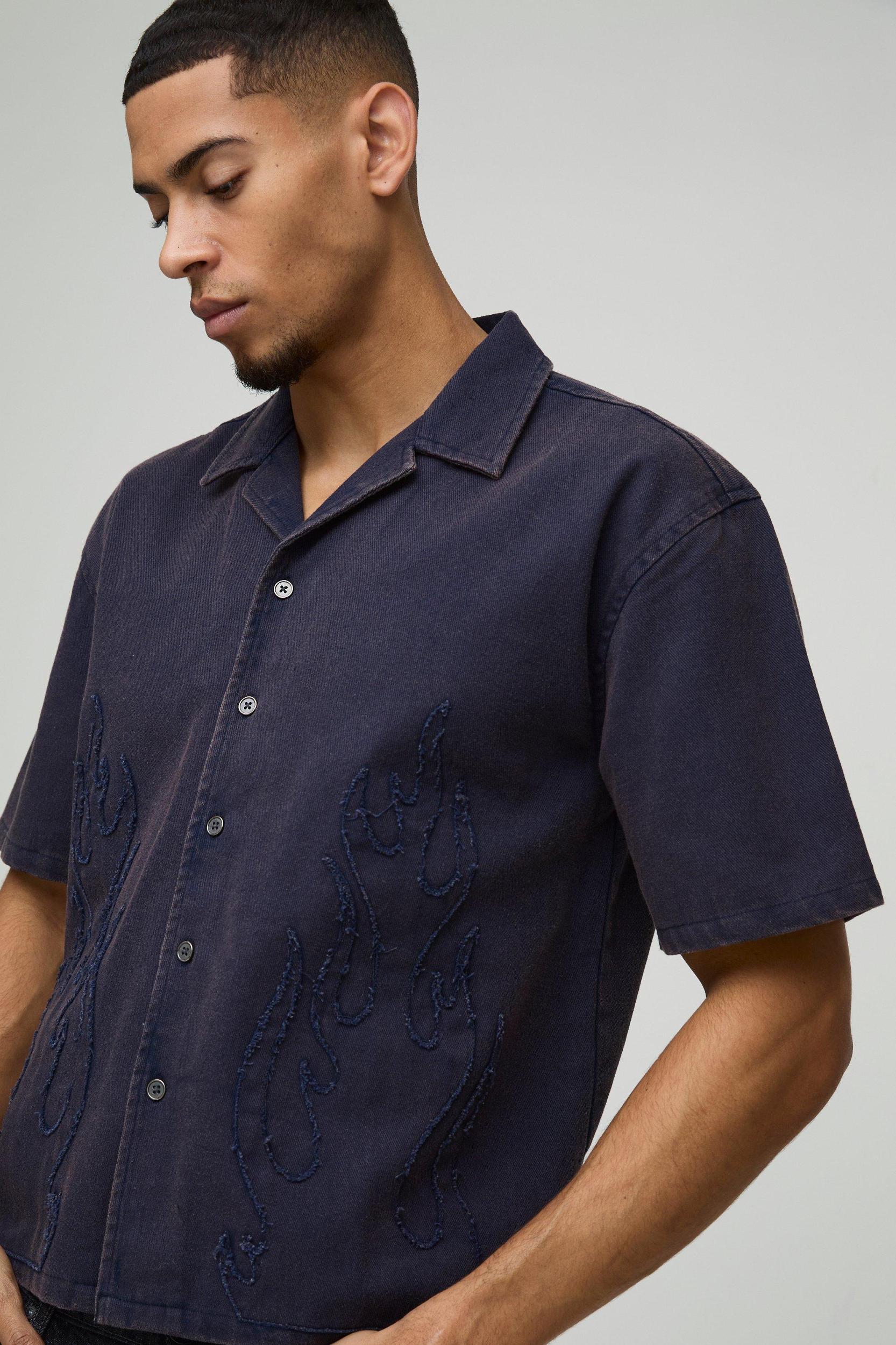 Oversized Boxy Washed Flame Applique Washed Shirt | boohooMAN USA Product Image
