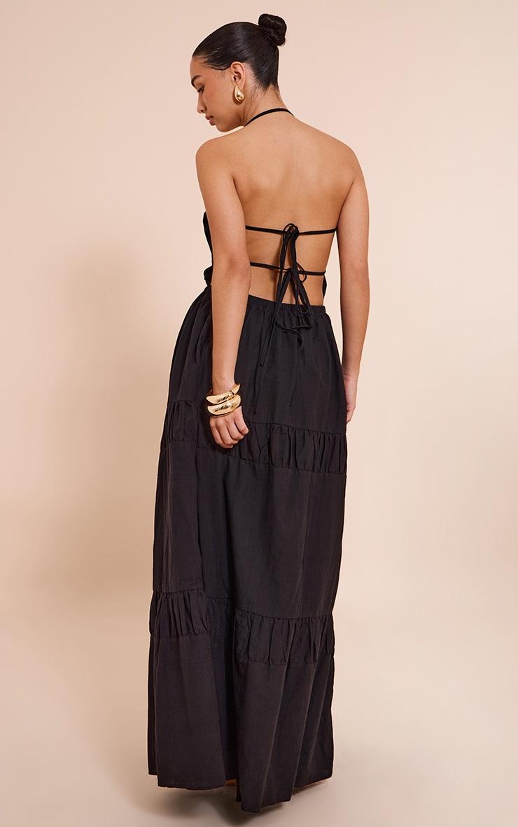 Black Ruched Backless Strappy Maxi Dress Product Image