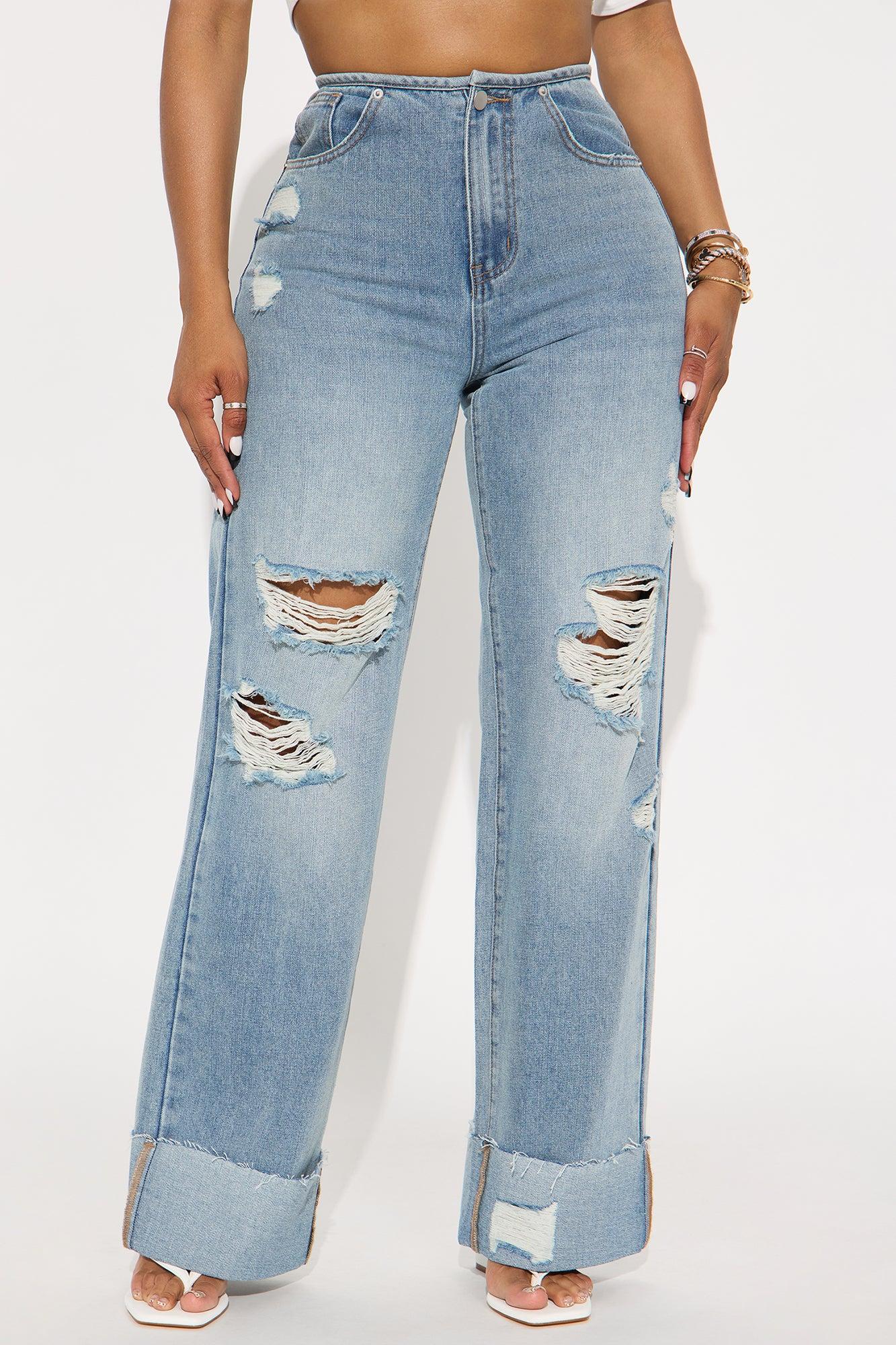 Model Status Destructed Cuffed Wide Leg Jeans - Light Wash Female Product Image