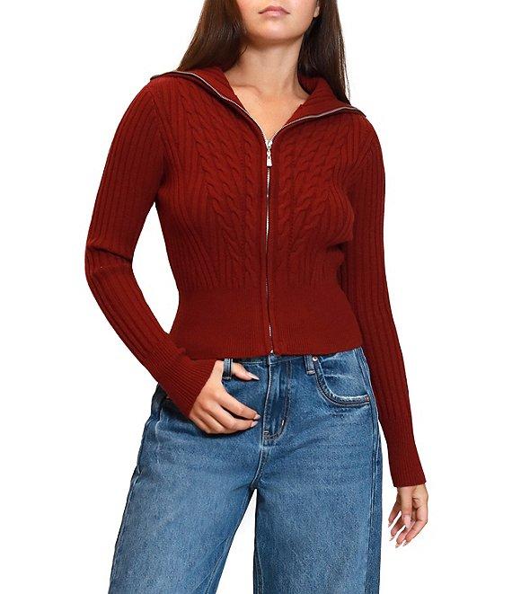 Stevie by Steve Madden Ribbed Cable Knit Open Collar Long Sleeve Zip Front Cardigan Product Image