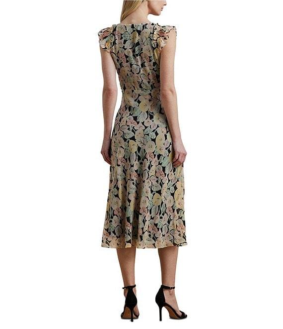 Lauren Ralph Lauren Crinkle Georgette Floral Print V-Neck Cap Sleeve Midi A-Line Dress Product Image