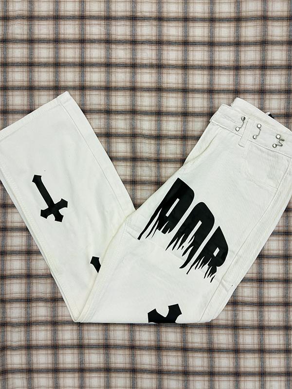 Men's White Wash Cross Pattern Straight Leg Jeans Product Image